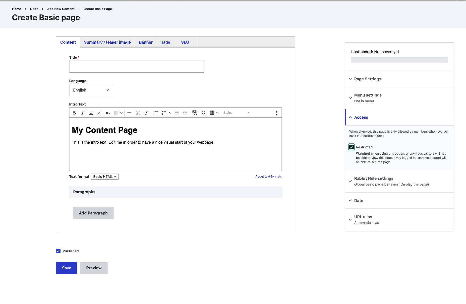 Page editor with Access expanded and Restricted checked