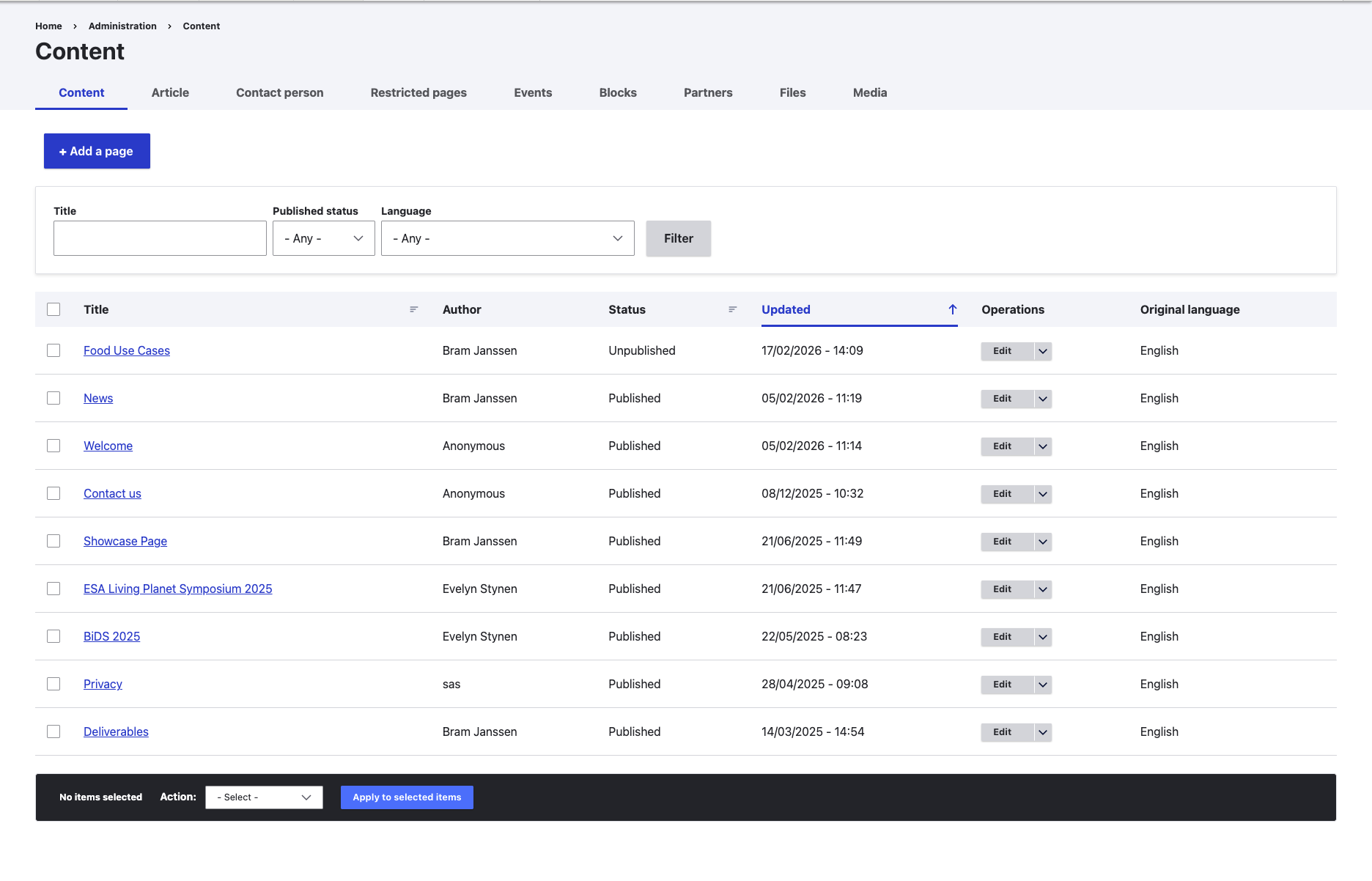 Content overview with the Add a page button