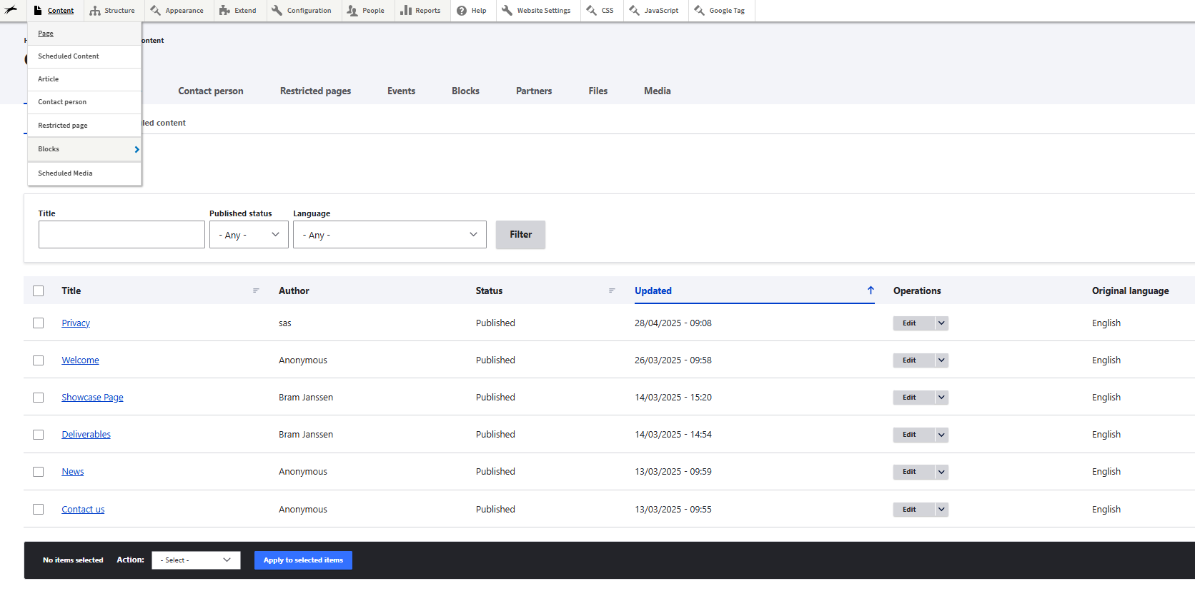 Create Page - Content overview page